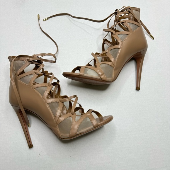 AQUAZZURA Strappy Tan Lace Up Heels Size 38 - Picture 11 of 12